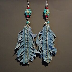 Boho Denim Feather Earrings with Red and Turquoise Accents